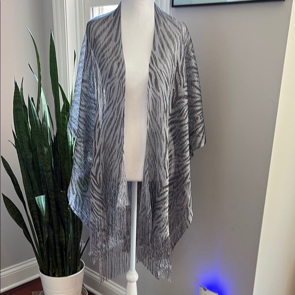 Zebra Print Metallic Mesh Shimmery Shawl with Fringe